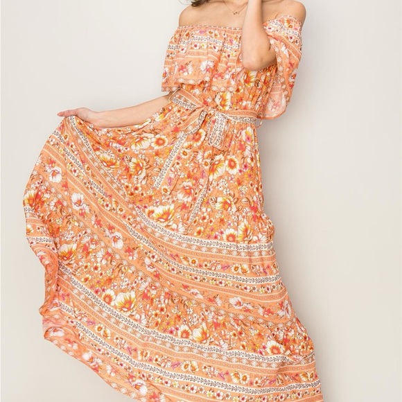 Off the Shoulder Floral Orange Maxi Dress NWT - Picture 8 of 10